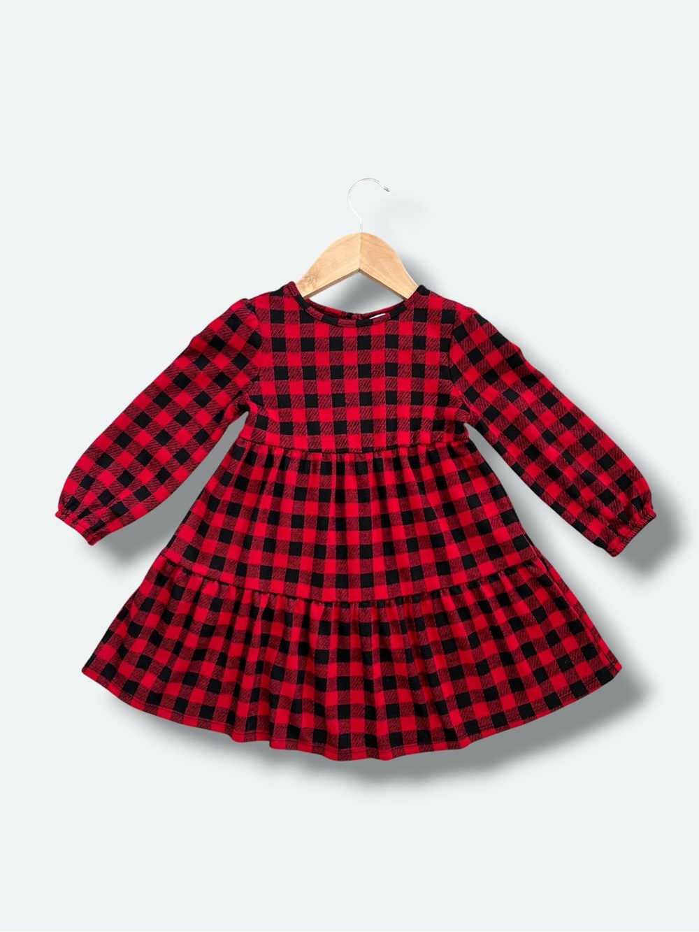 Old Navy Girls 3T Red Black Buffalo Plaid Tiered Long Sleeve Holiday Dress